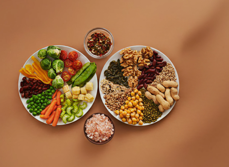 healthy eating plate with variety of fruits vegetables grains and protein sources